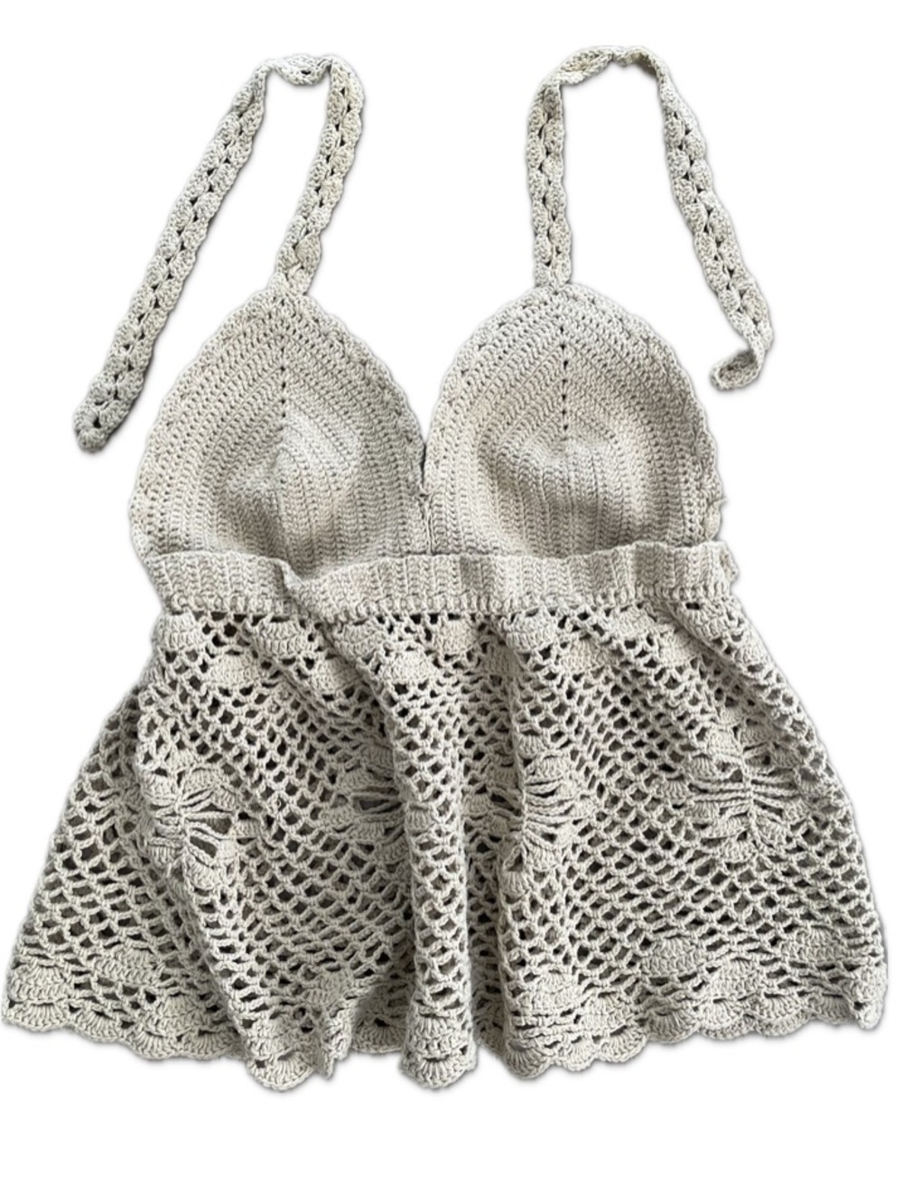 100% Wool Handmade Crochet Tie-Front Halter Tankini Top 🔥 - Cream, One Size - Picture 5 of 13